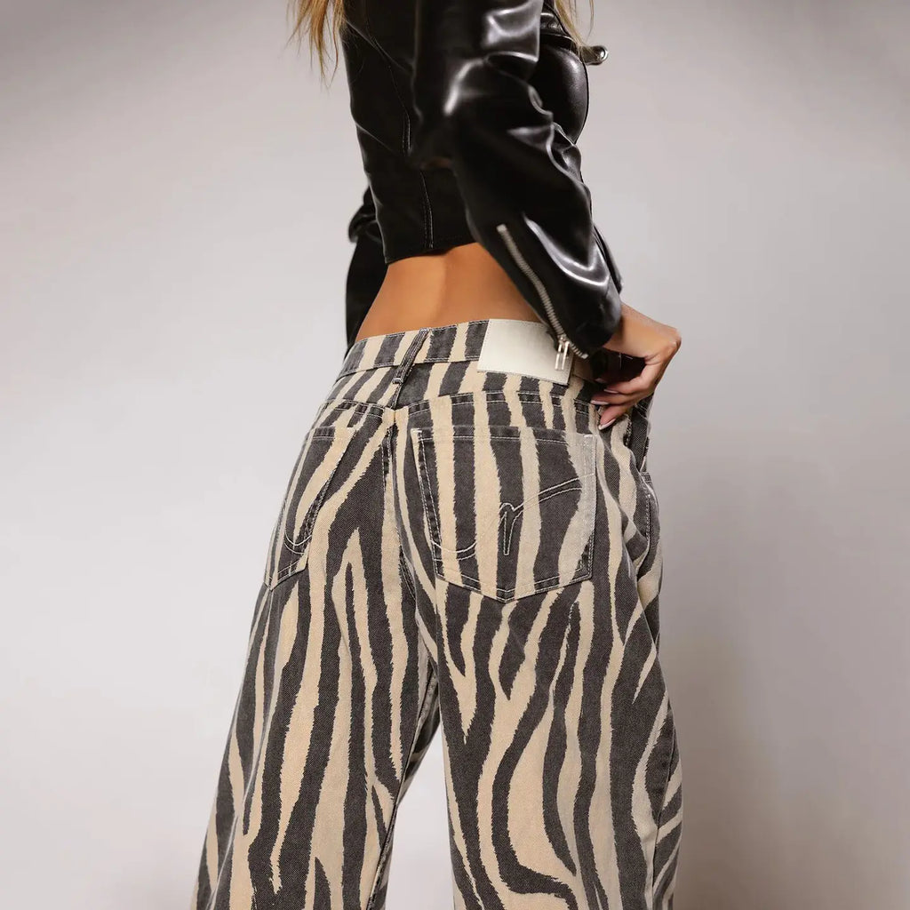 Calças de Ganga com Padrão Zebra de Corte Reto