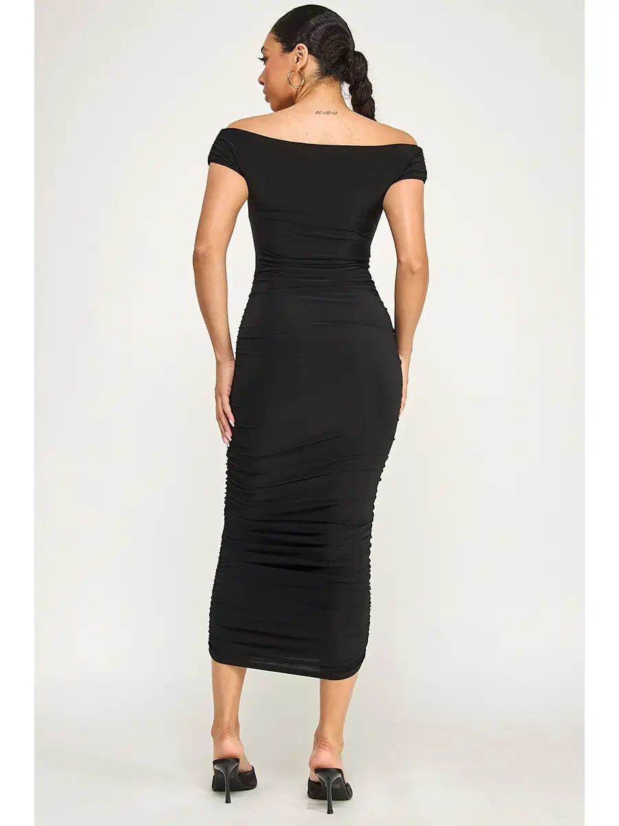 Wire V-Neck, Shirring Midi Dress