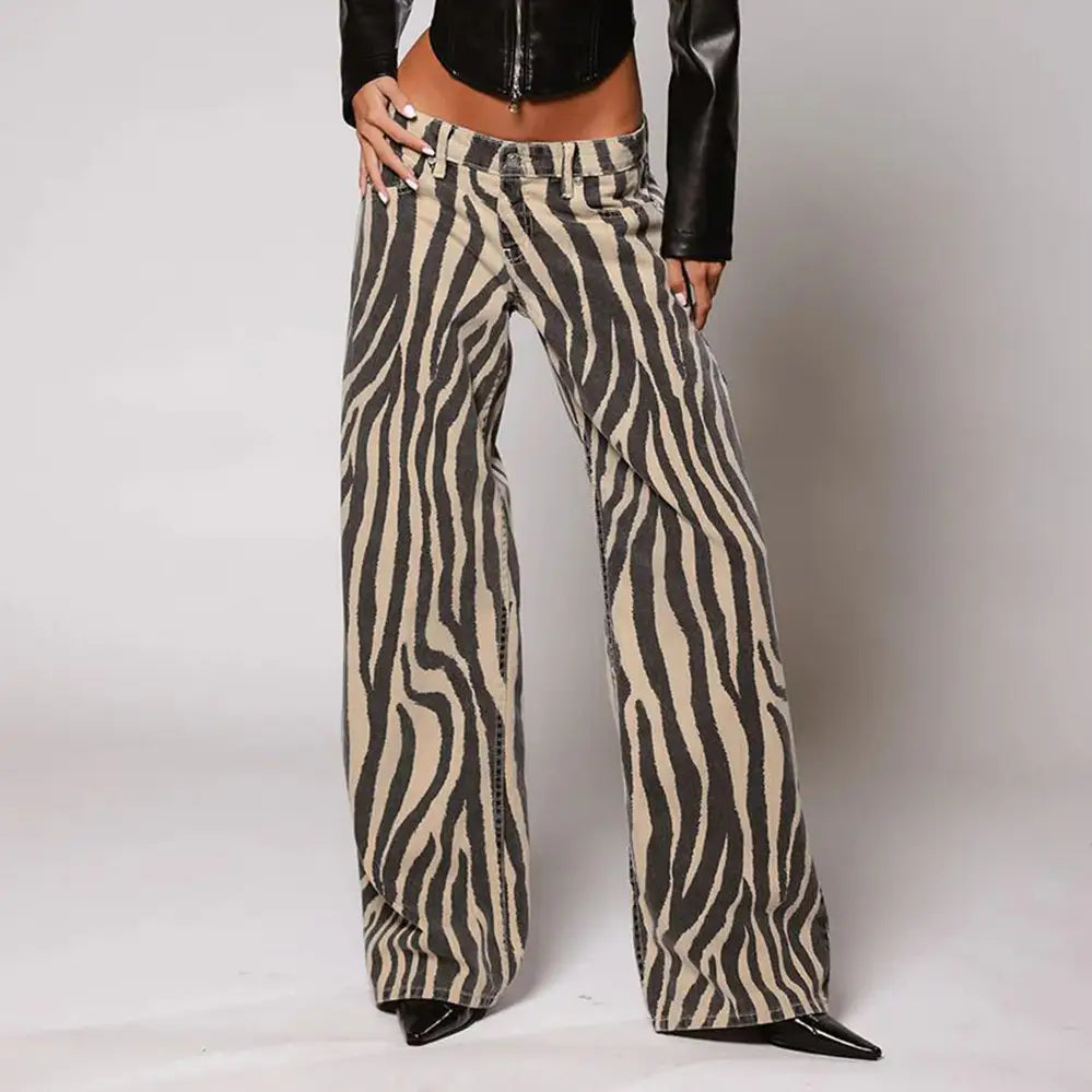 Calças de Ganga com Padrão Zebra de Corte Reto