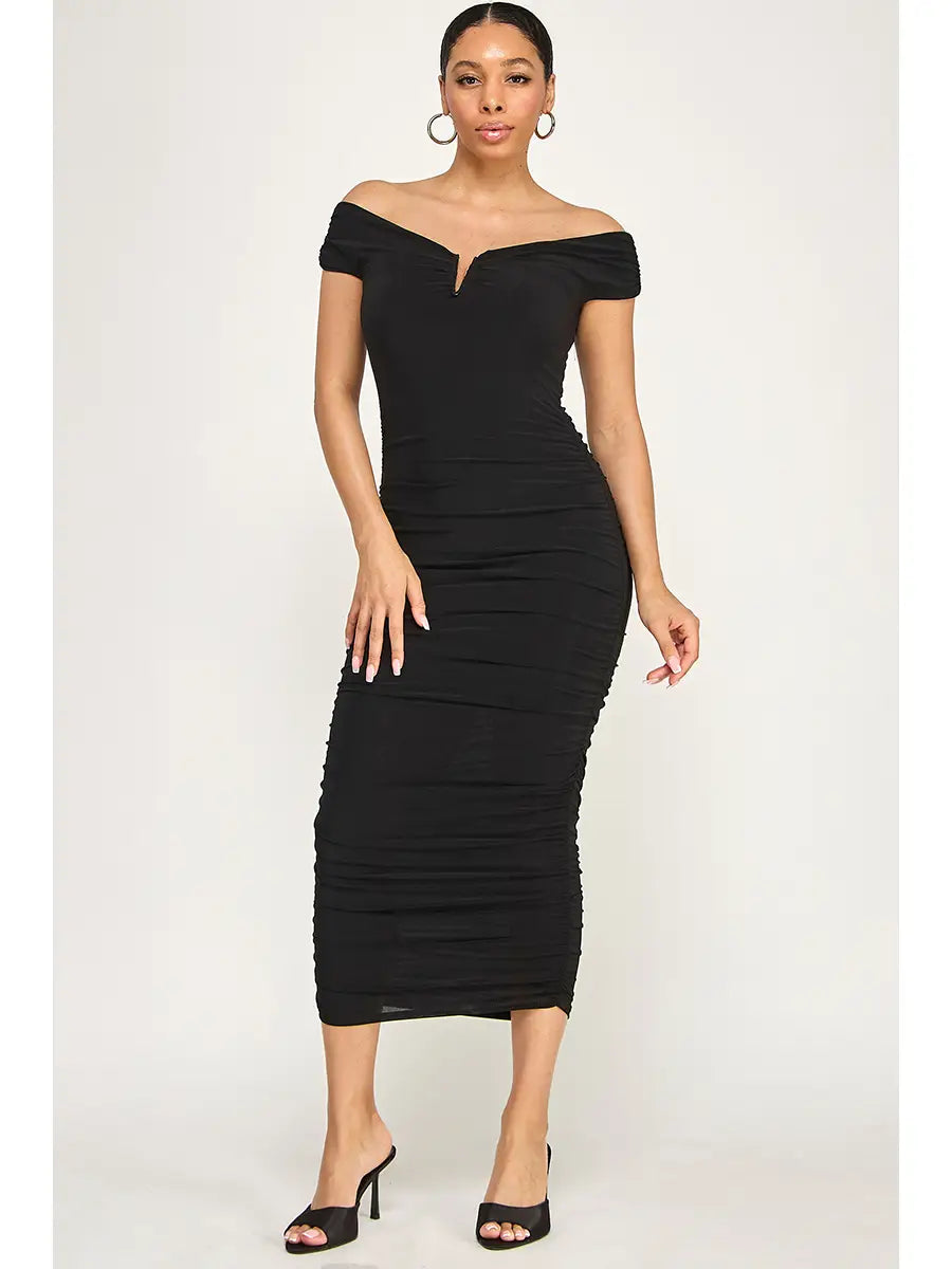 Wire V-Neck, Shirring Midi Dress