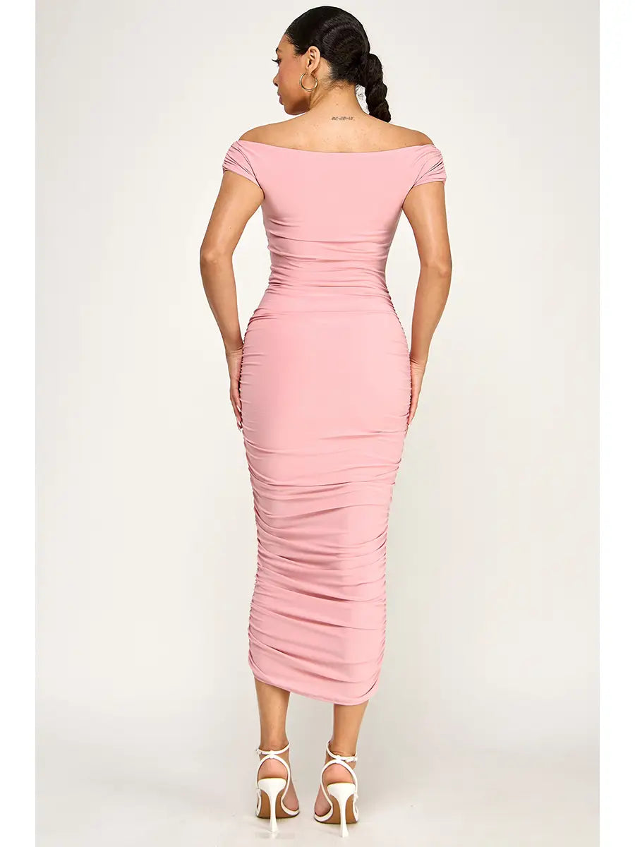 Wire V-Neck, Shirring Midi Dress