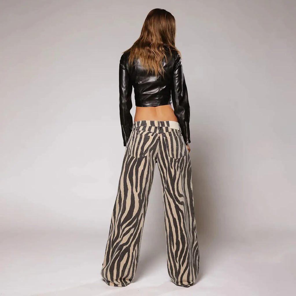 Calças de Ganga com Padrão Zebra de Corte Reto