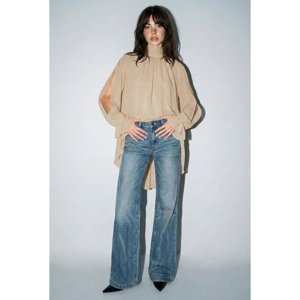 Top Chiffon com Ombros à Mostra e Bainha Irregular